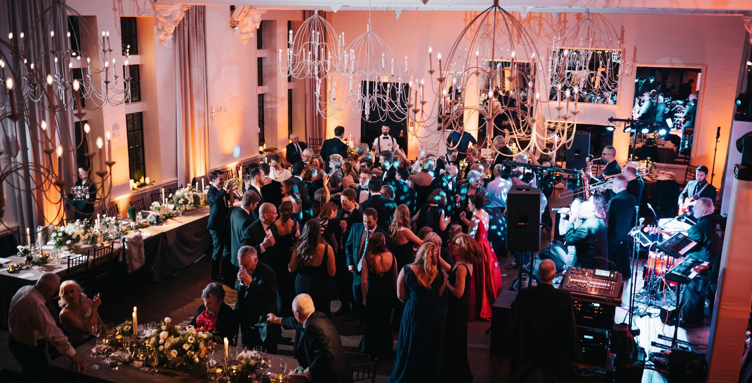 Soul City Band performing live for a packed wedding reception dance floor at an elegant ballroom venue in Newport, Rhode Island